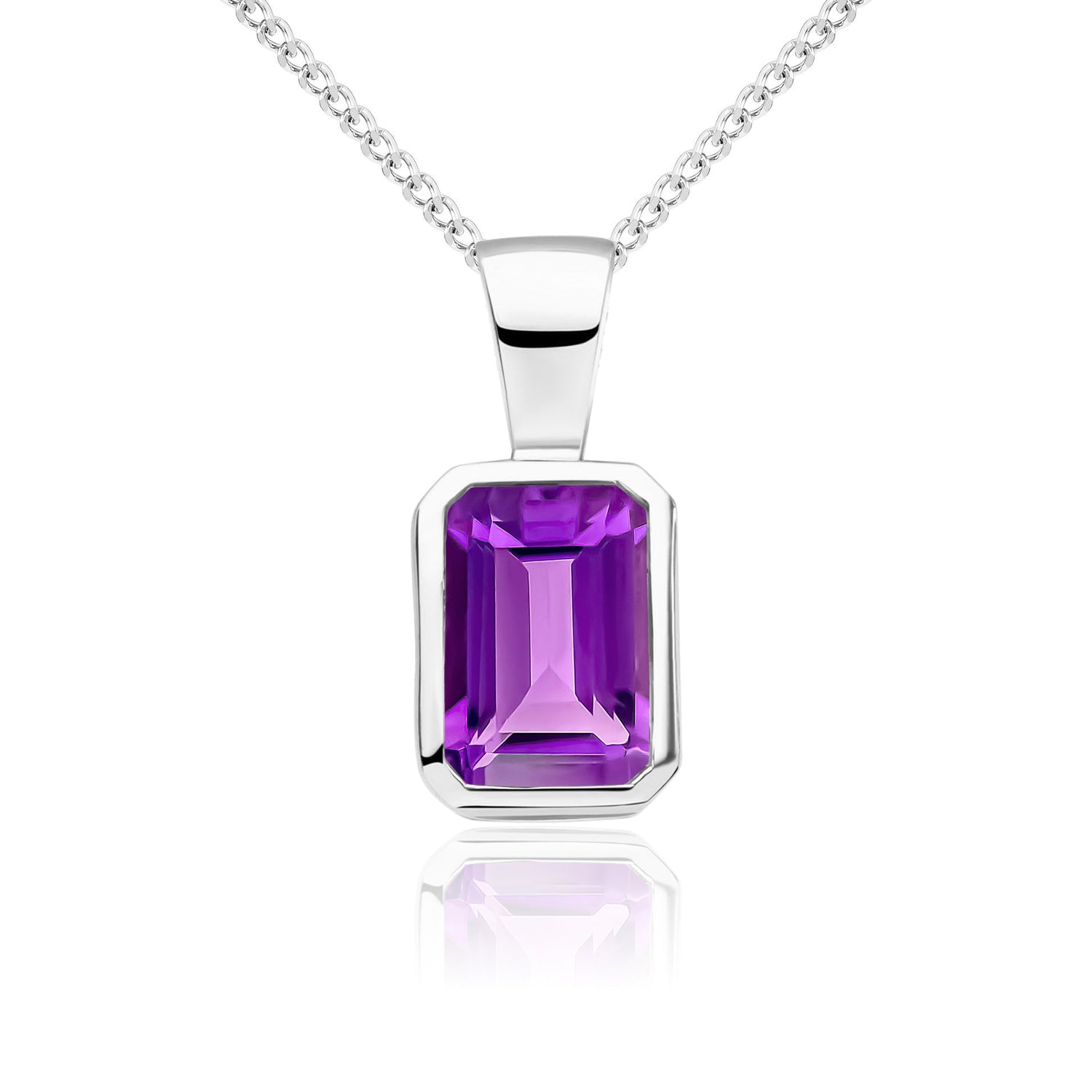 9ct White Gold Octagonal Emerald Cut Natural Amethyst Rubover Pendant — 7x5mm