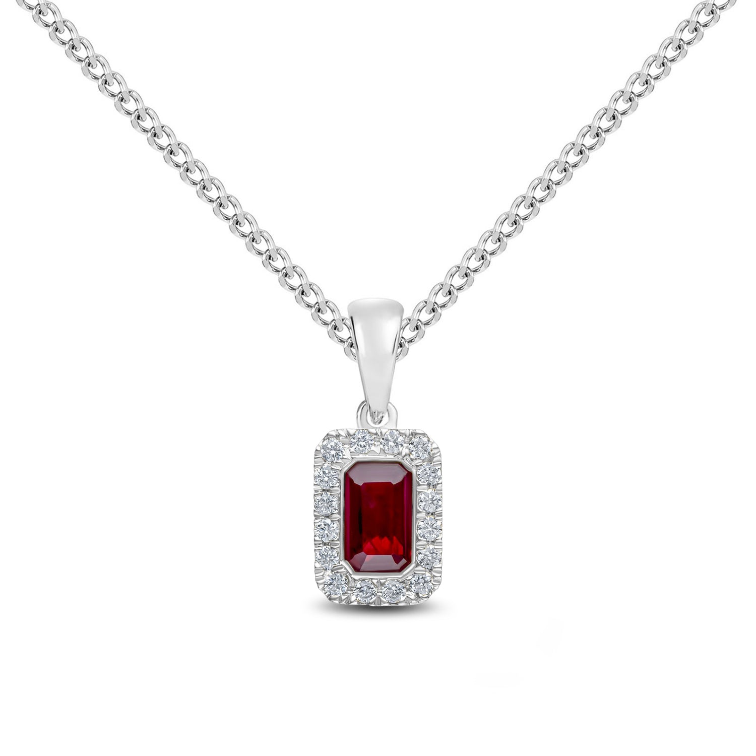 18ct White Gold Octagonal Emerald Cut Natural Ruby and Round Diamond Microset Cluster Pendant — 5x3mm