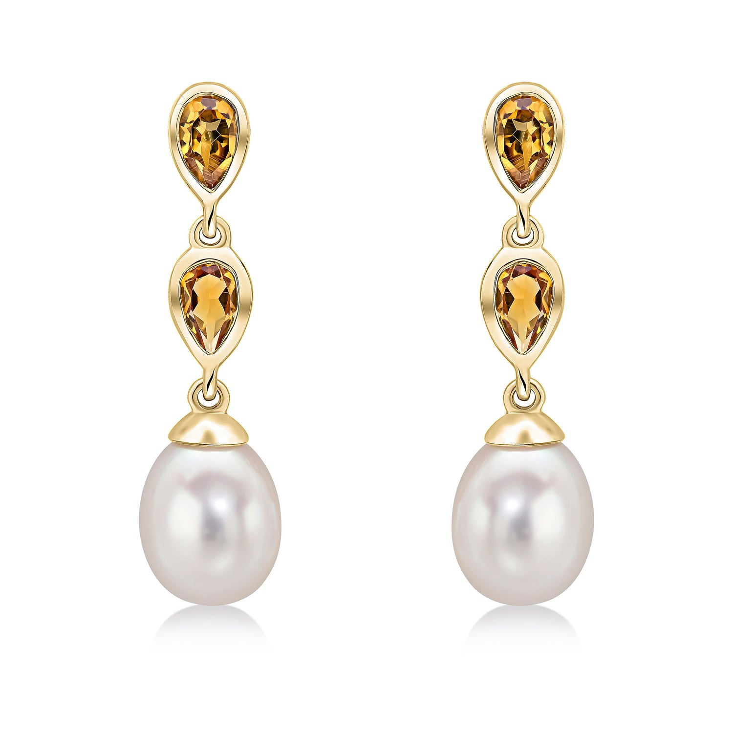 9ct Yellow Gold Natural Pearl and Citrine Double Drop Earrings — 3x5mm