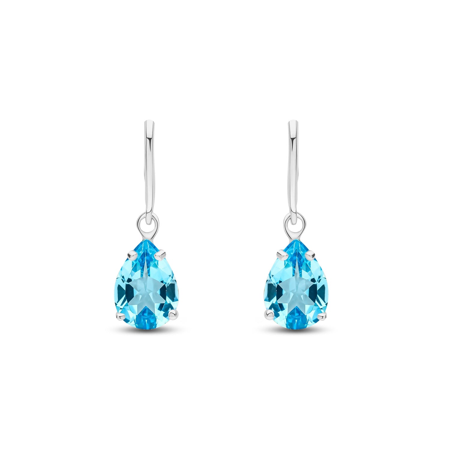 9ct White Gold Pear Shaped Natural Swiss Blue Topaz Claw Wire Hook Drop Earrings — 7x5mm