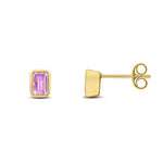 9ct Yellow Gold Octagonal Emerald Cut Natural Pink Sapphire Rubover Stud Earrings — 5x3mm