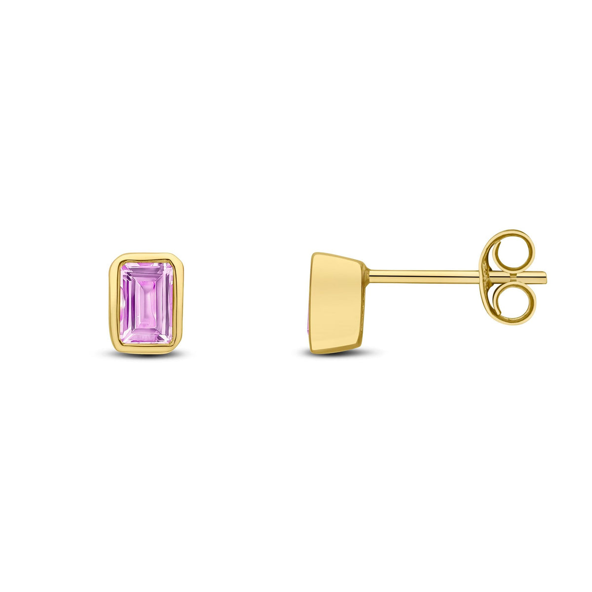 9ct Yellow Gold Octagonal Emerald Cut Natural Pink Sapphire Rubover Stud Earrings — 5x3mm