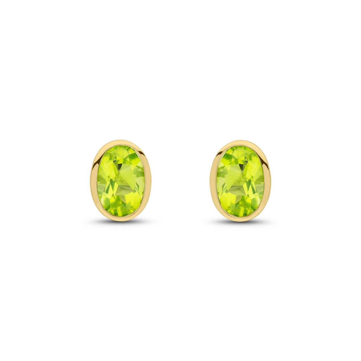 9ct Yellow Gold Oval Natural Peridot Rubover Stud Earrings — 7x5mm