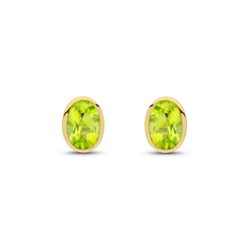 9ct Yellow Gold Oval Natural Peridot Rubover Stud Earrings — 7x5mm