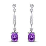 9ct White Gold Oval Natural Amethyst Claw Bar Drop Earrings — 7x5mm