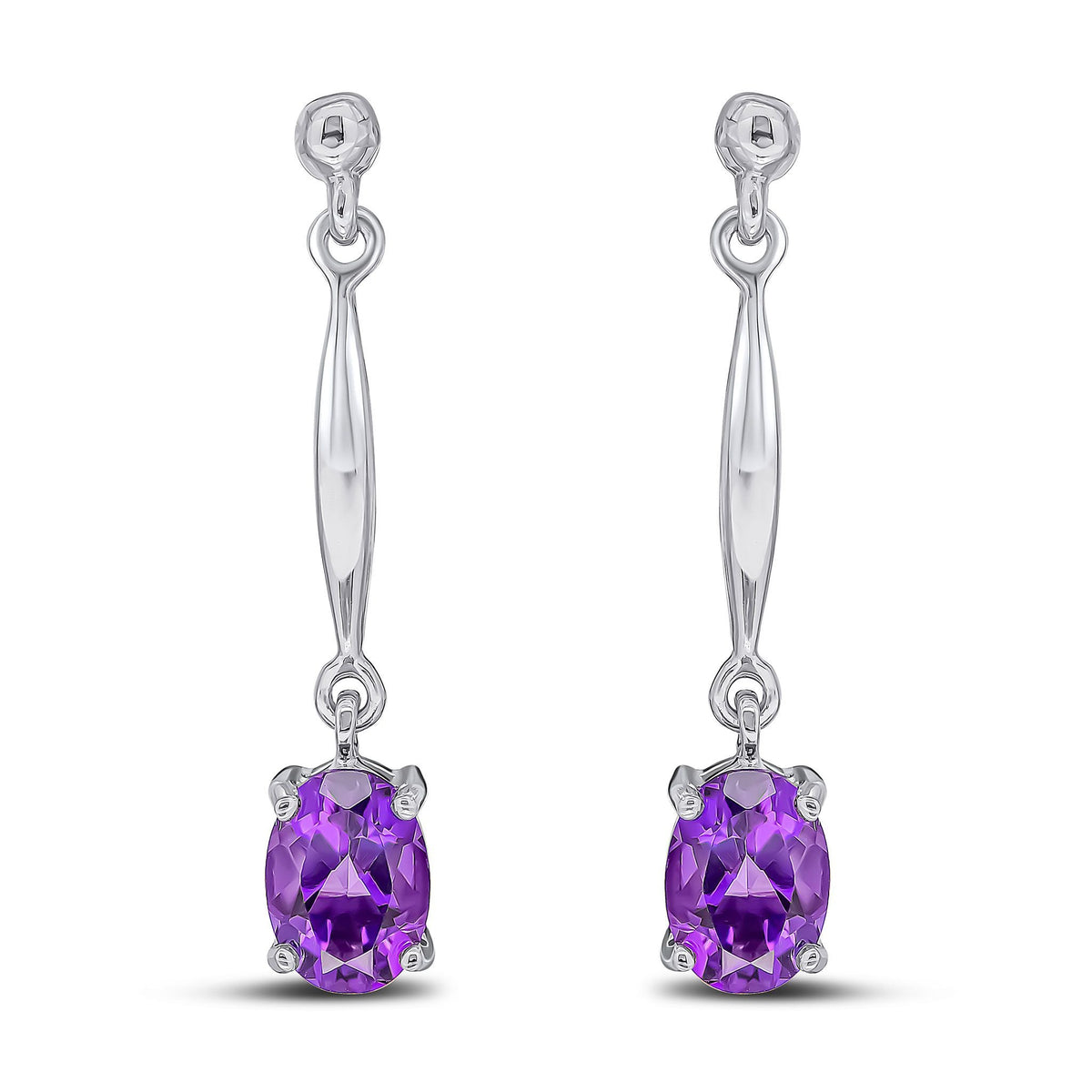 9ct White Gold Oval Natural Amethyst Claw Bar Drop Earrings — 7x5mm