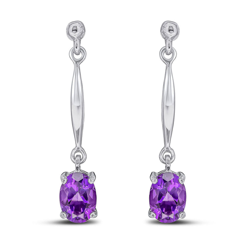 9ct White Gold Oval Natural Amethyst Claw Bar Drop Earrings — 7x5mm