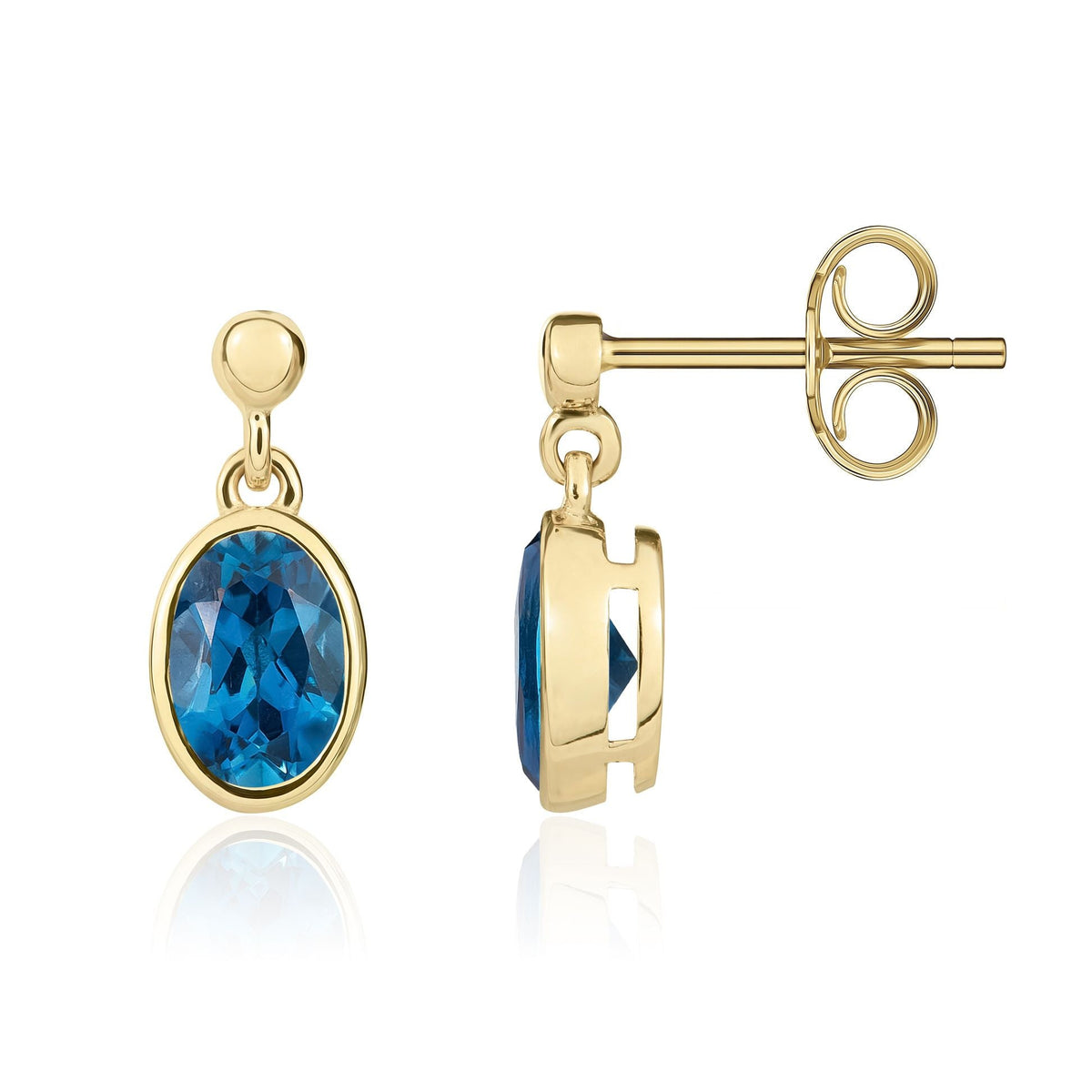 9ct Yellow Gold Oval Natural London Blue Topaz Rubover Drop Earrings — 7x5mm