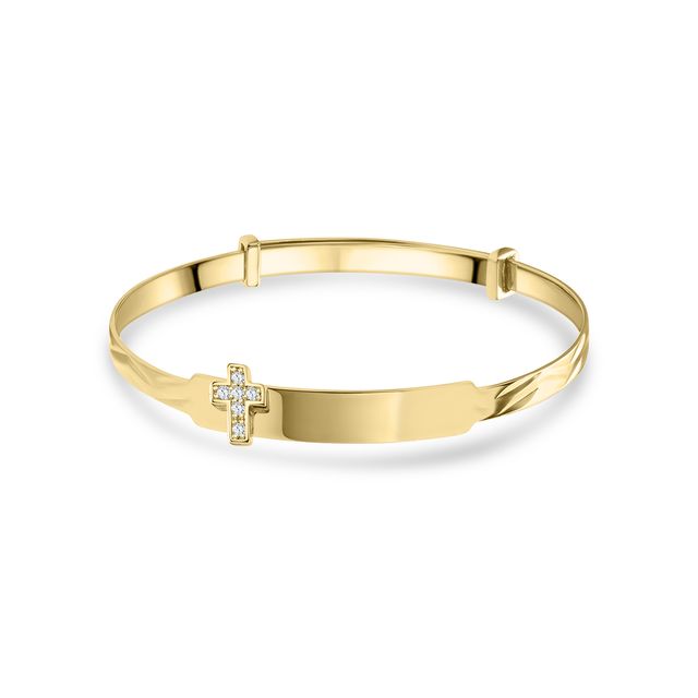 9ct Yellow Gold Diamond-Cut Expandable Baby Child Bangle with Cubic Zirconia Cross