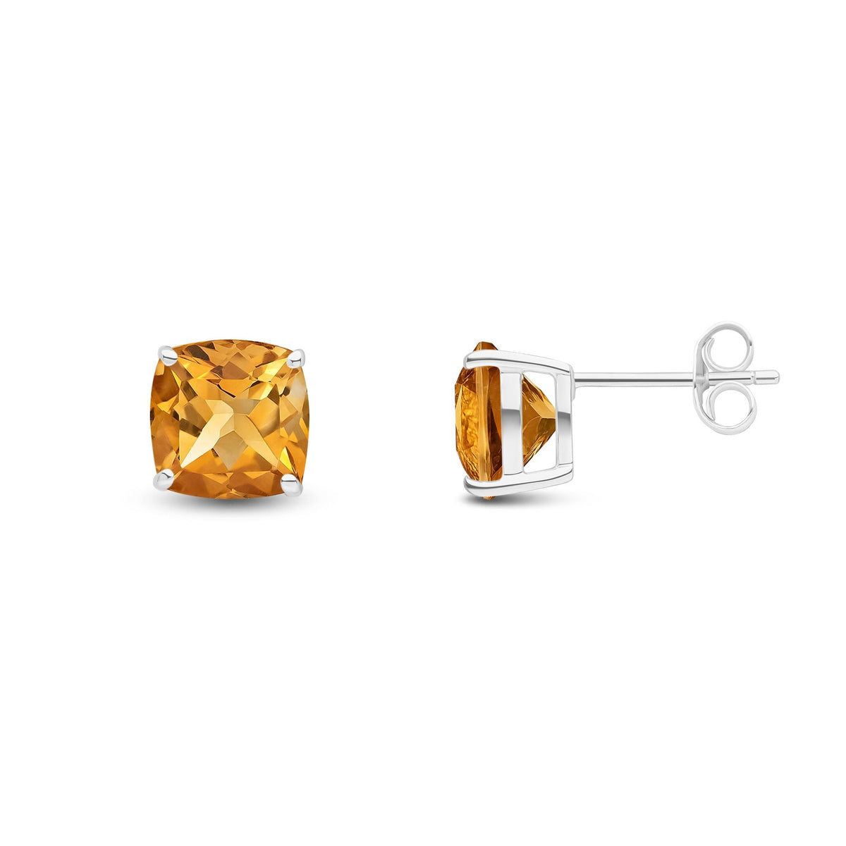 9ct White Gold Cushion Natural Citrine Claw Stud Earrings — 8mm