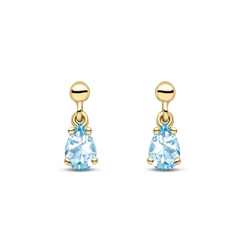 9ct Yellow Gold Pear Shaped Natural Aquamarine Claw Drop Earrings — 6x4mm