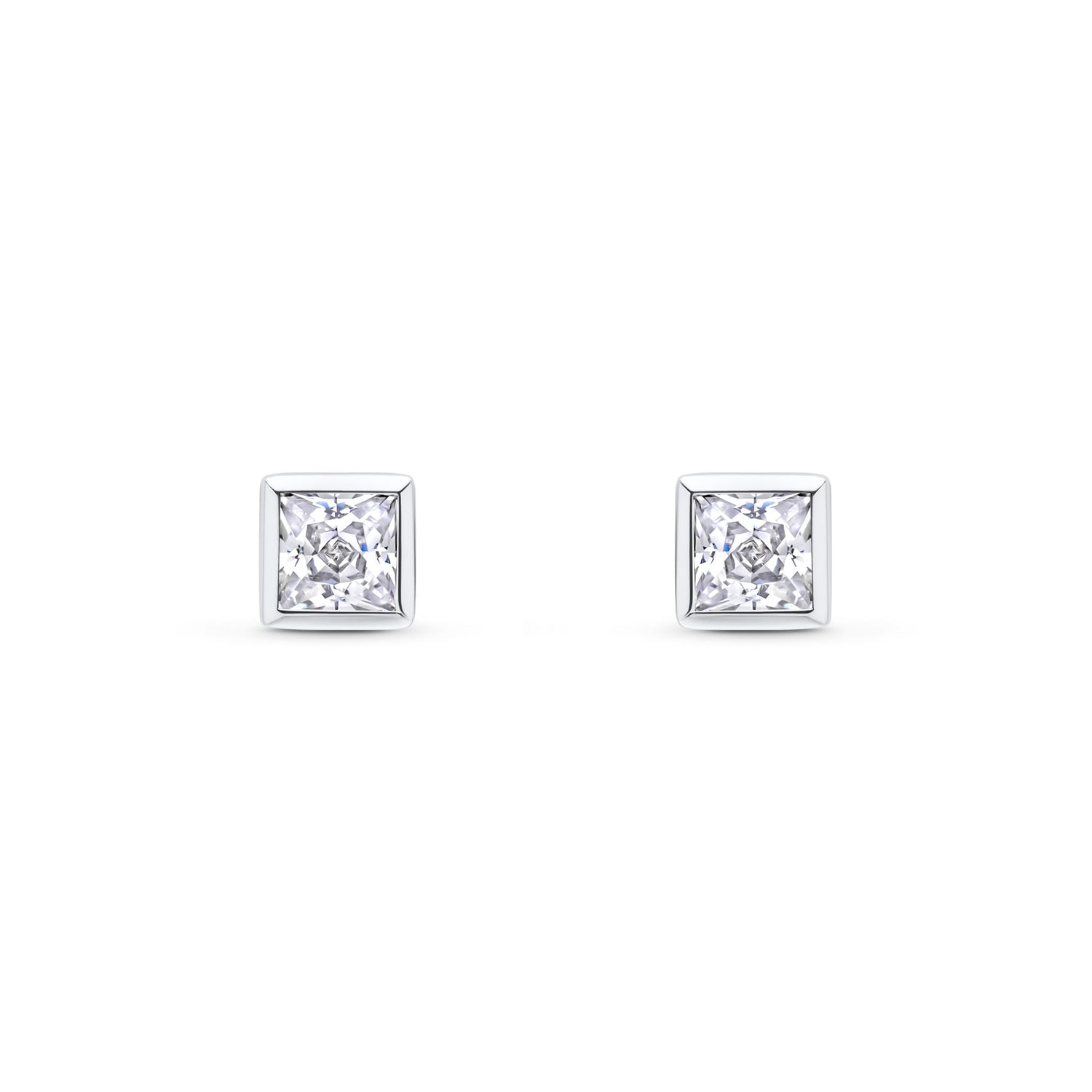 9ct White Gold Square Cubic Zirconia Rubover Stud Earrings — 3mm