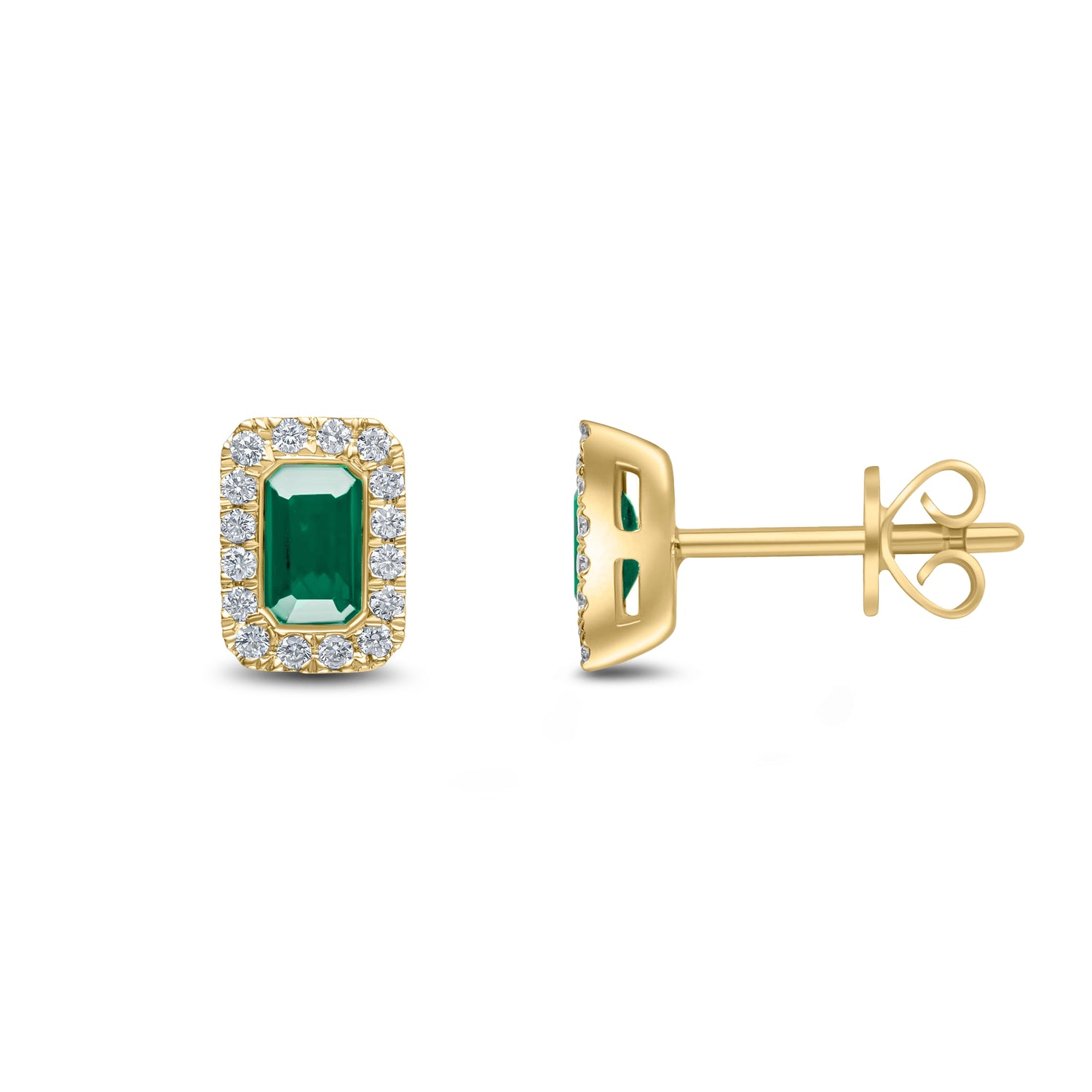 18ct Yellow Gold Octagonal Emerald Cut Natural Emerald and Diamond Cluster Earrings — 5x3mm