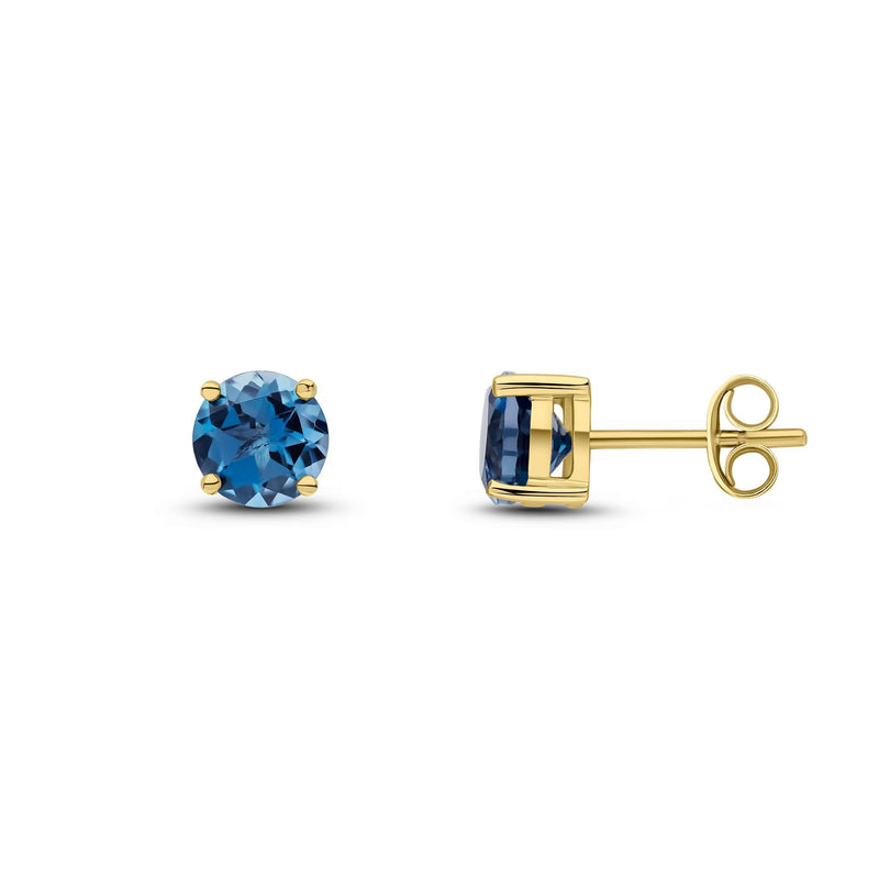 9ct Yellow Gold Round Natural London Blue Topaz Claw Stud Earrings — 6mm