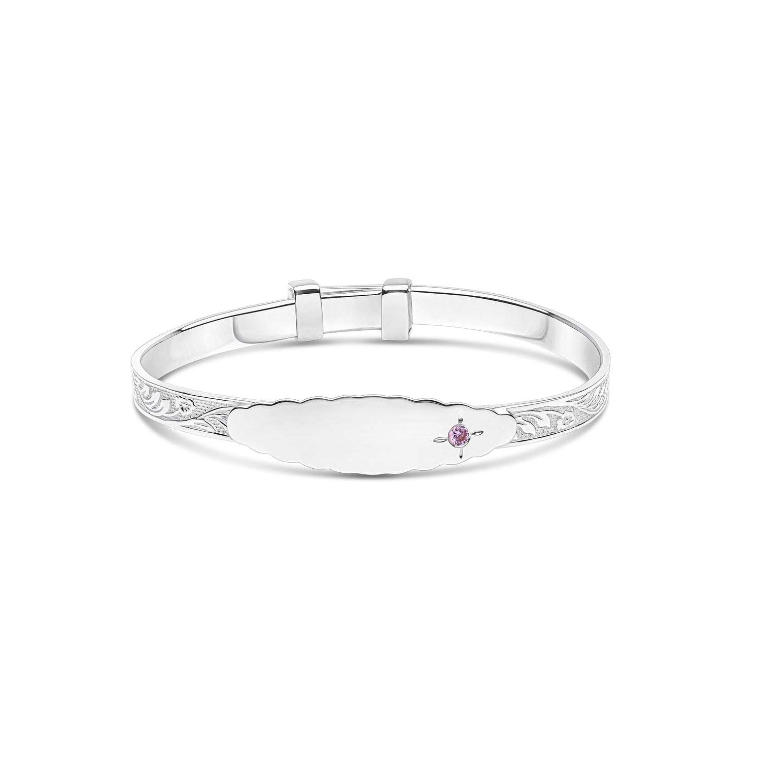Sterling Silver Solid Engraved Floral Pattern Baby Bangle with Pink Cubic Zirconia CZ