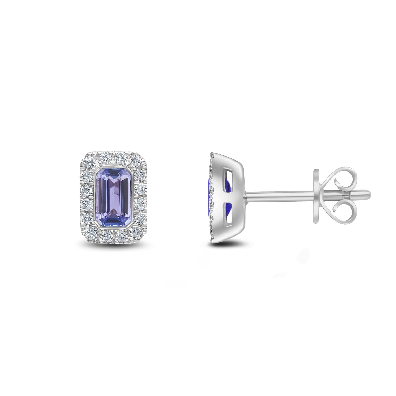 18ct White Gold Octagonal Emerald Cut Natural Tanzanite and Diamond Cluster Earrings — 5x3mm