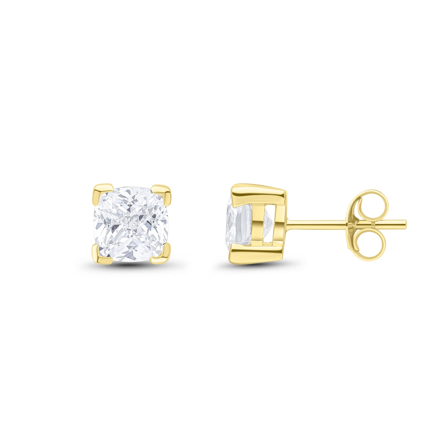 9ct Yellow Gold Cushion Cubic Zirconia CZ Claw Stud Earrings — 6mm