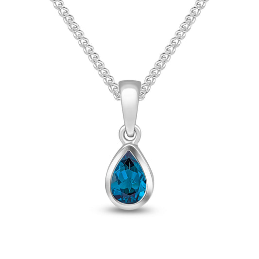 9ct White Gold Pear Shaped Natural London Blue Topaz Rubover Pendant – 6x4mm