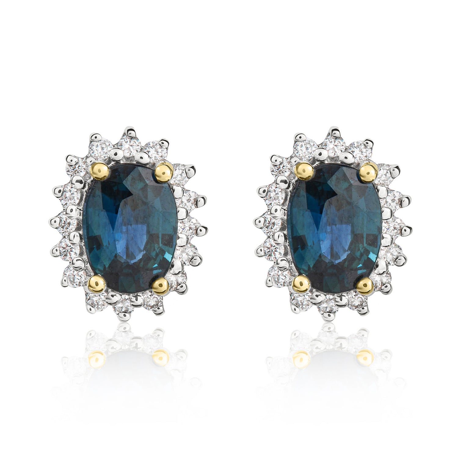 9ct Yellow Gold Oval Natural Sapphire and Diamond Cluster Earrings — 7x5mm