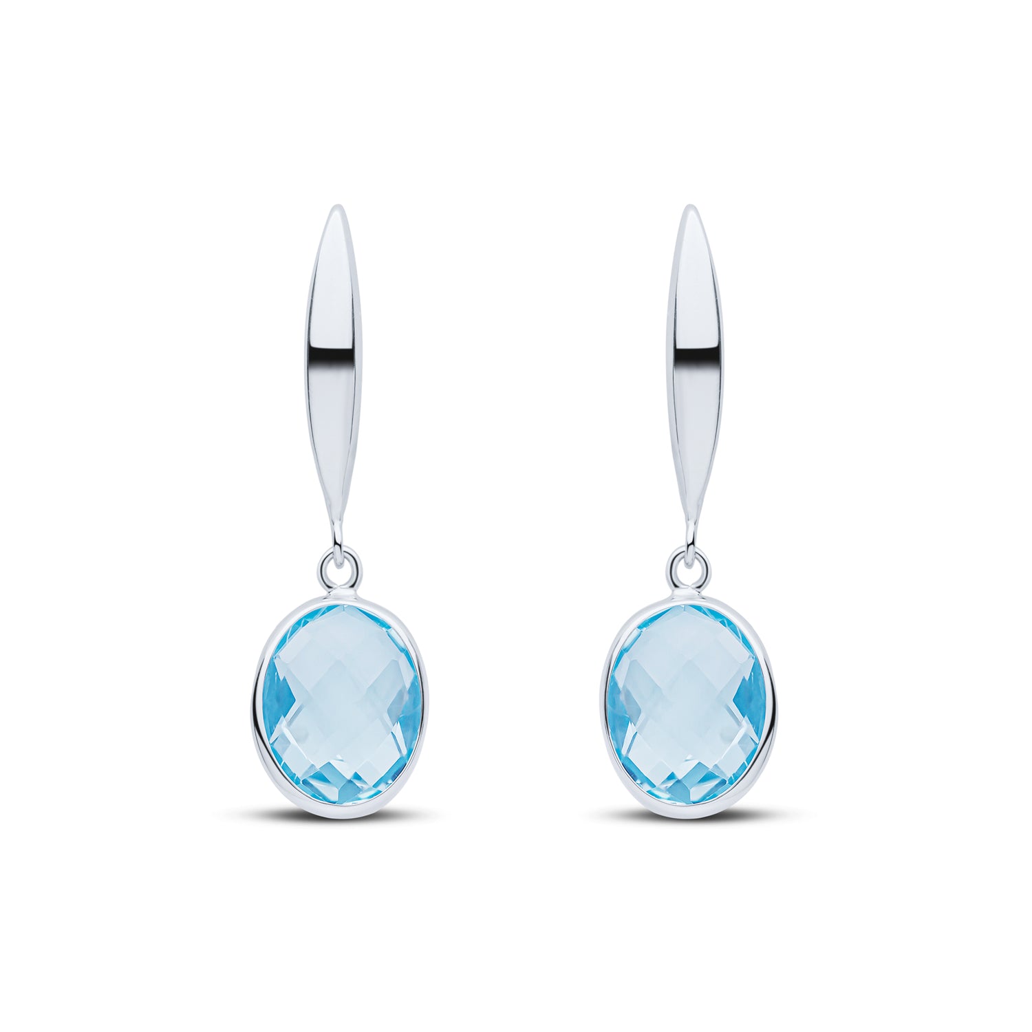 9ct White Gold Curved Bar Oval Natural Swiss Blue Topaz Rubover Drop Earrings — 8x6mm