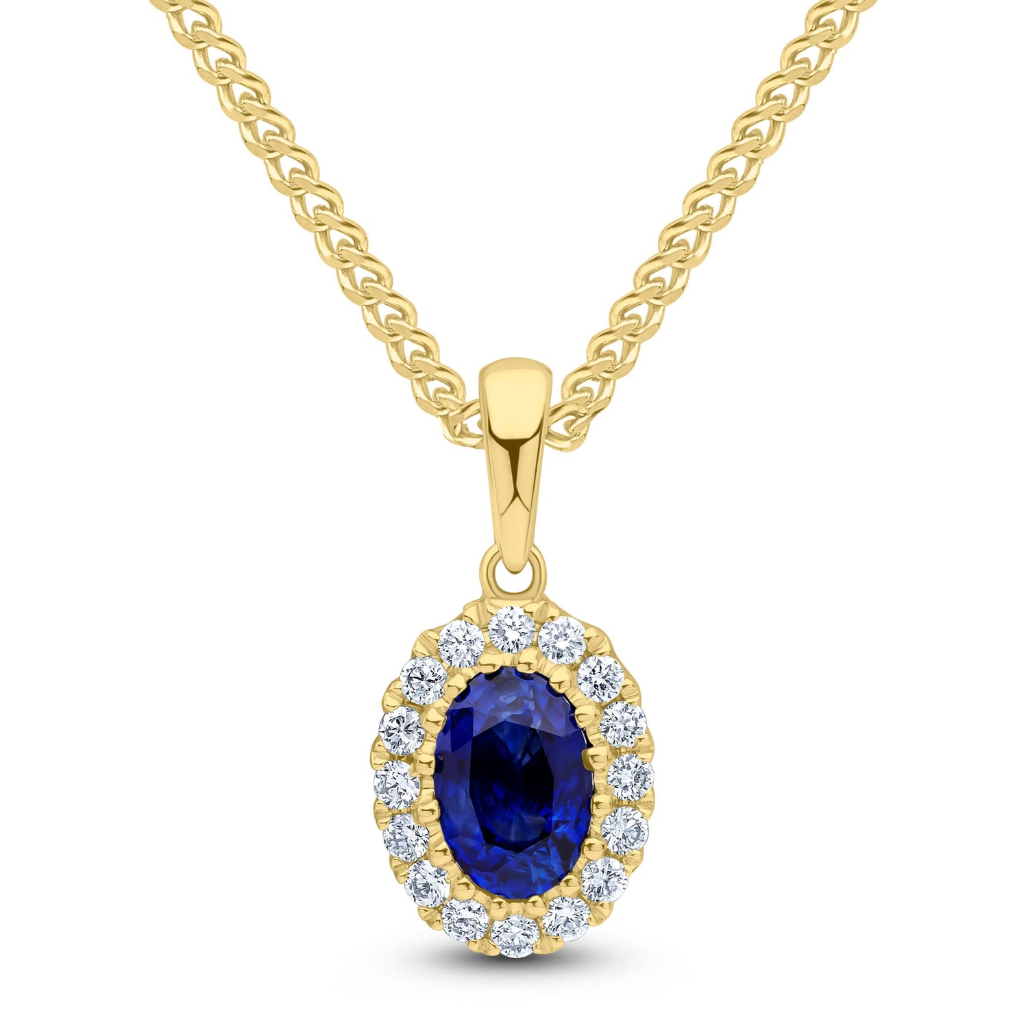 18ct Yellow Gold Oval Natural Sapphire and Diamond Cluster Pendant