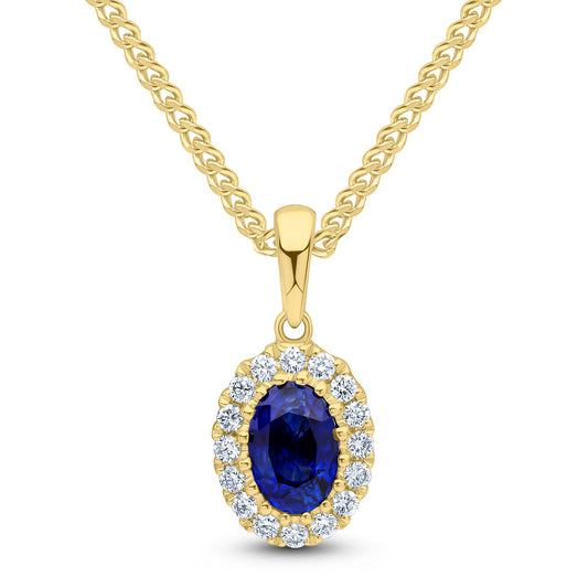 18ct Yellow Gold Oval Natural Sapphire and Diamond Cluster Pendant