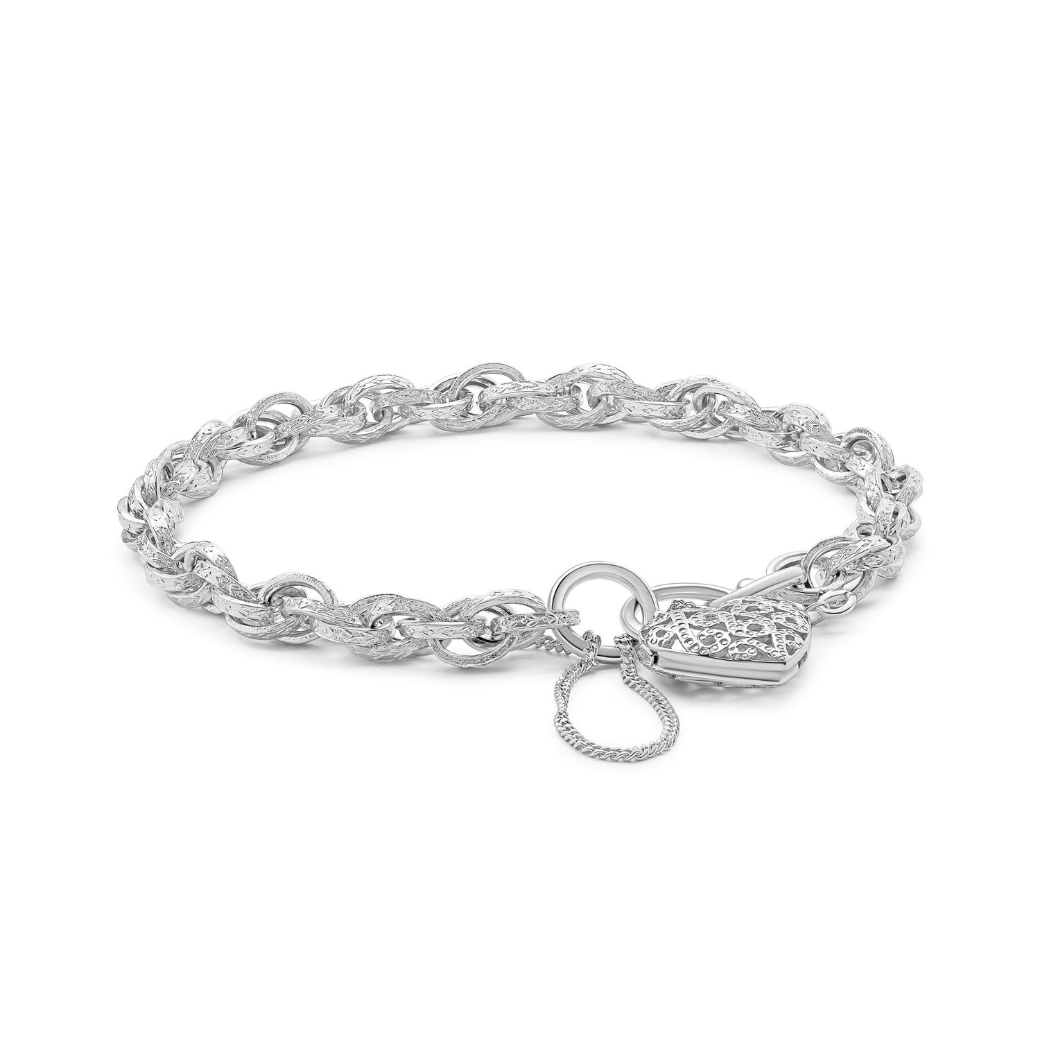 9ct White Gold Padlock Charm Bracelet with Safety Chain — 19cm