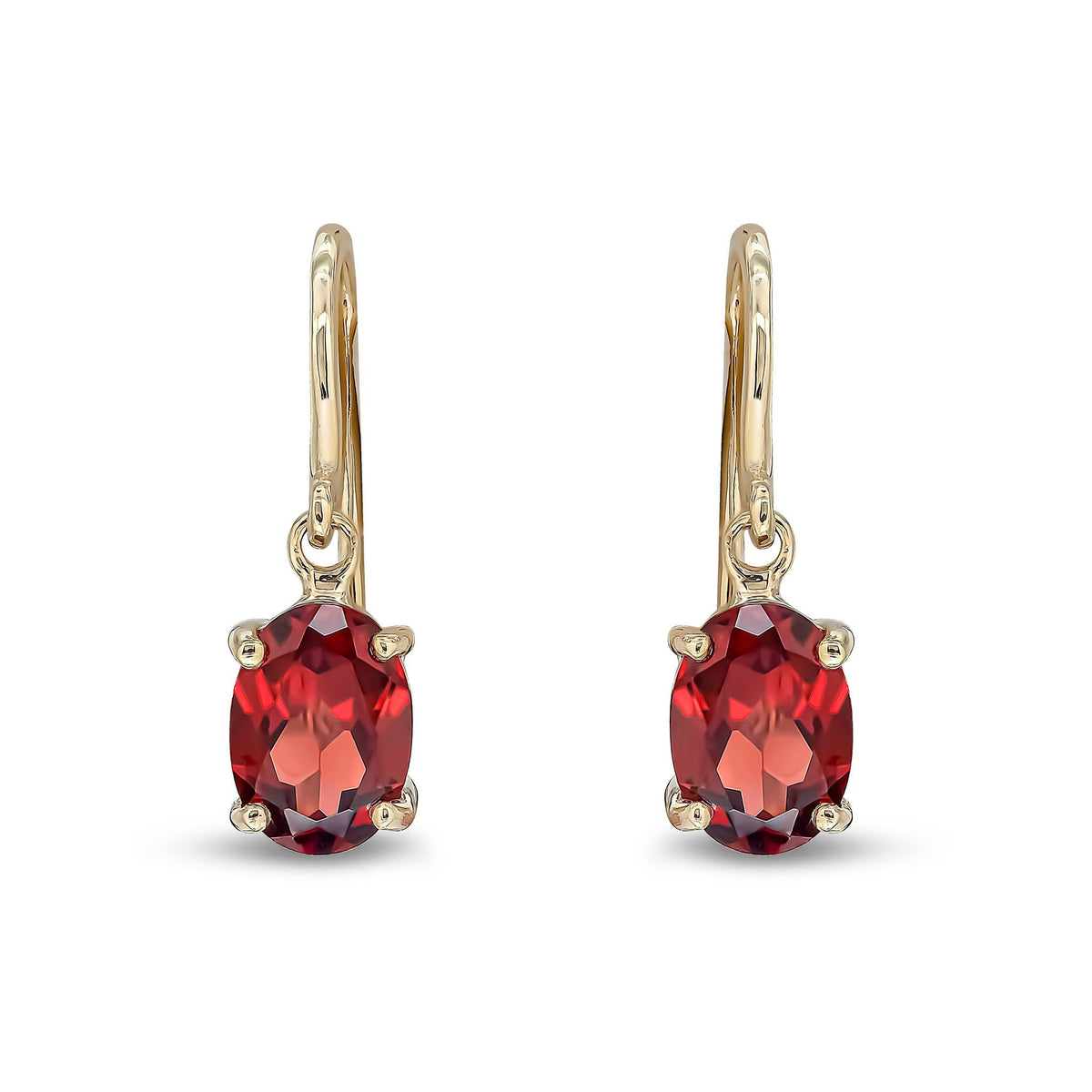 9ct Yellow Gold Oval Natural Garnet Claw Hook Wire Drop Earrings — 7x5mm