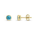 9ct Yellow Gold Round Natural Swiss Blue Topaz Rubover Stud Earrings — 4mm