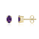9ct Yellow Gold Oval Natural Amethyst Claw Stud Earrings — 6x4mm