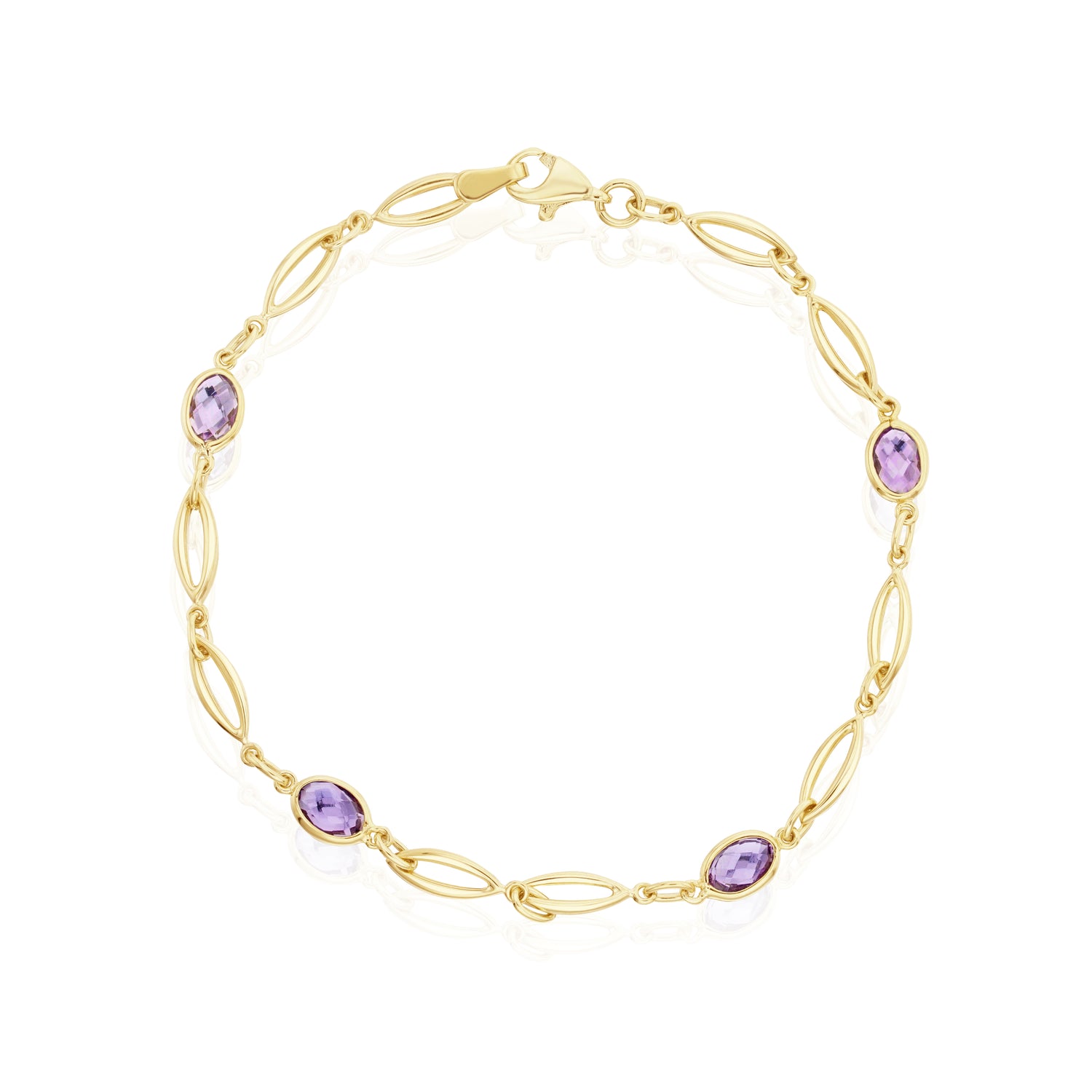 9ct Yellow Gold Rubover Set Oval Amethyst and Open Marquise Motif Bracelet
