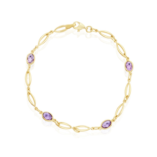9ct Yellow Gold Rubover Set Oval Amethyst and Open Marquise Motif Bracelet
