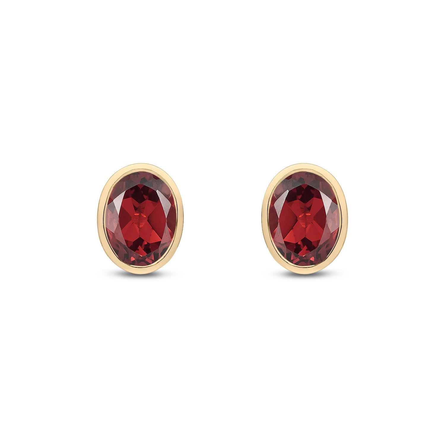 9ct Yellow Gold Oval Natural Garnet Rubover Stud Earrings — 8x6mm