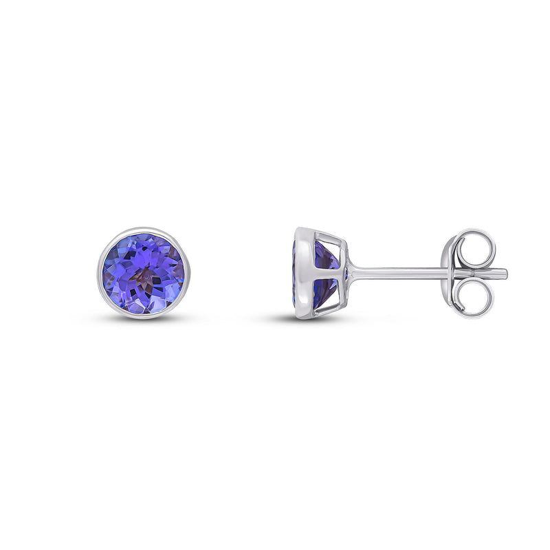 9ct White Gold Round Natural Tanzanite Rubover Stud Earrings — 5mm