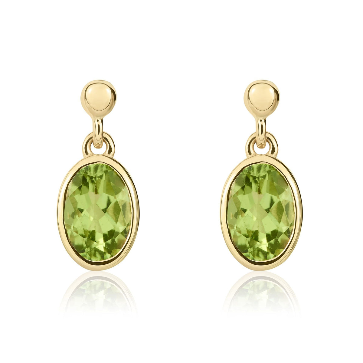 9ct Yellow Gold Oval Natural Peridot Rubover Drop Earrings — 7x5mm
