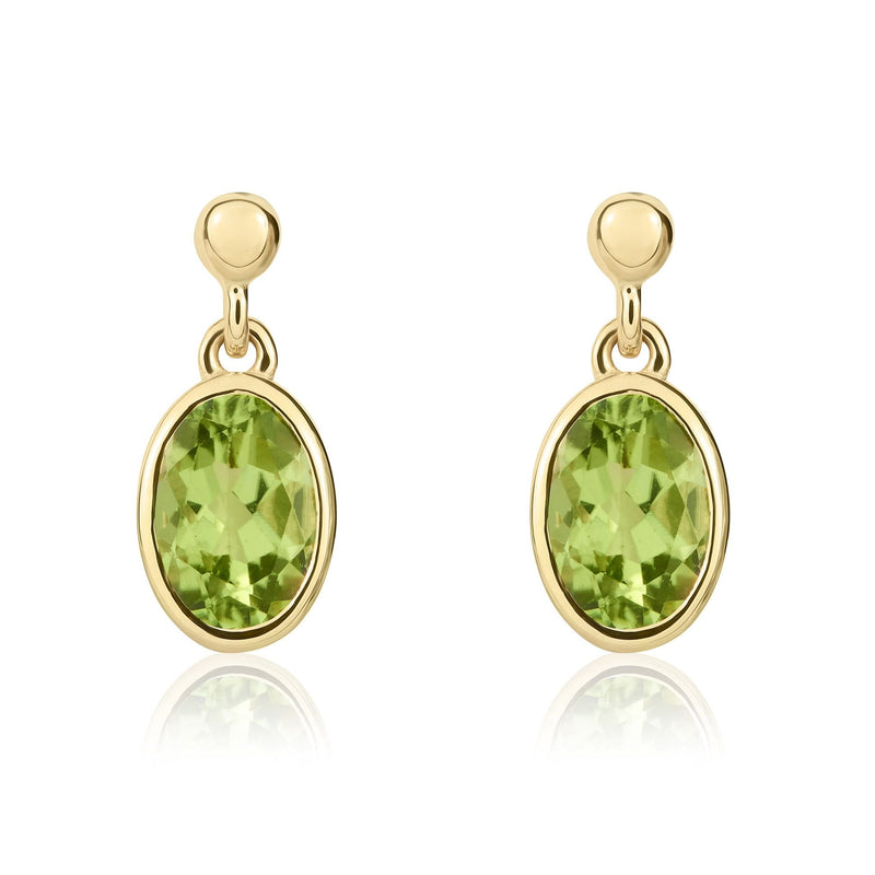 9ct Yellow Gold Oval Natural Peridot Rubover Drop Earrings — 7x5mm