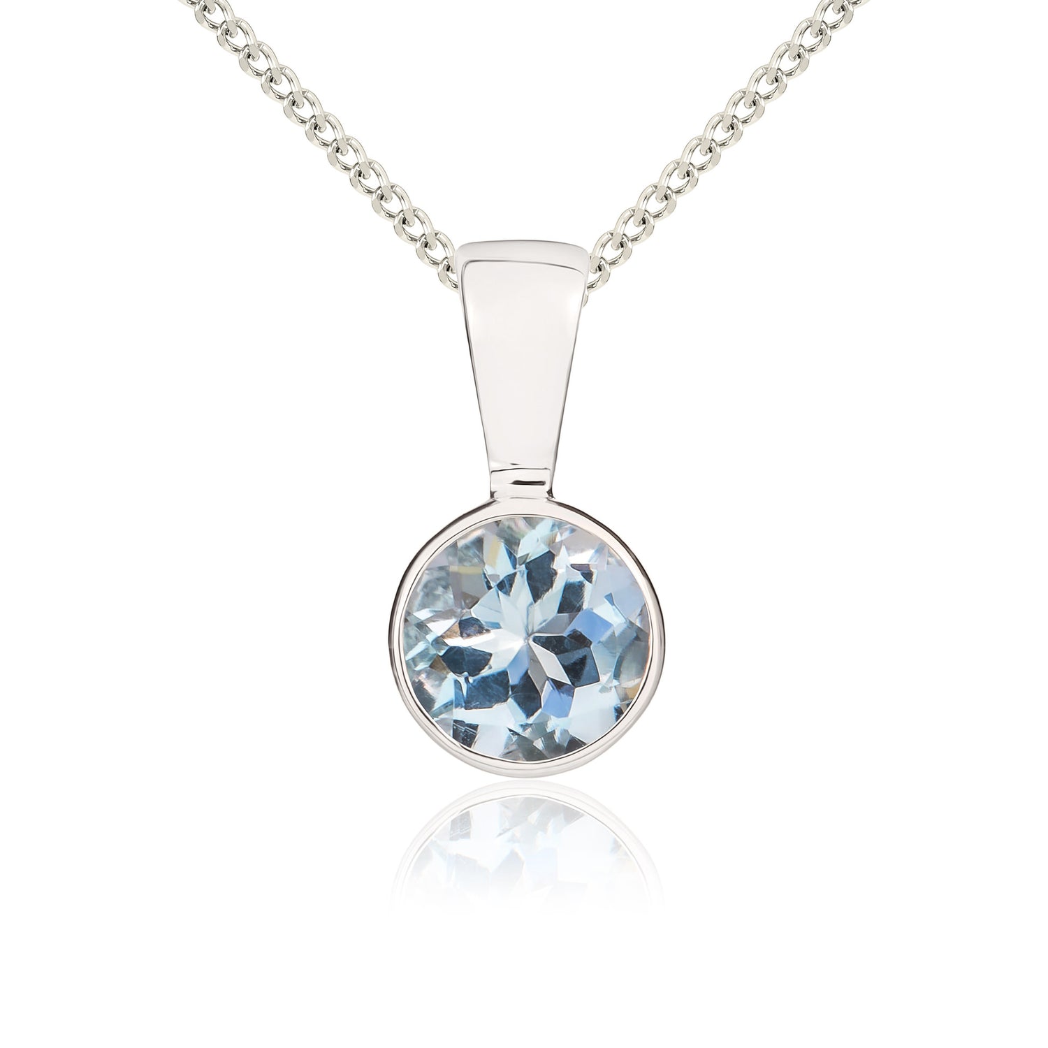 9ct White Gold Round Natural Aquamarine Rubover Pendant