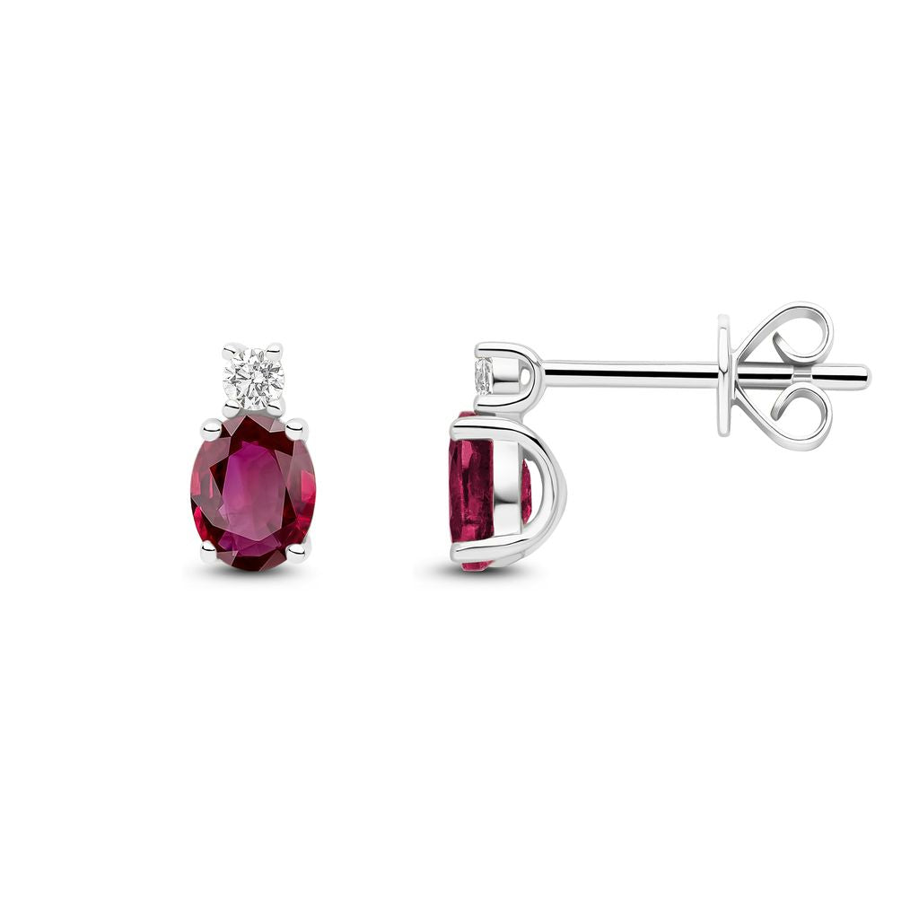 18ct White Gold Oval Natural Ruby and Round Diamond Two Stone Stud Earrings — 5x4mm