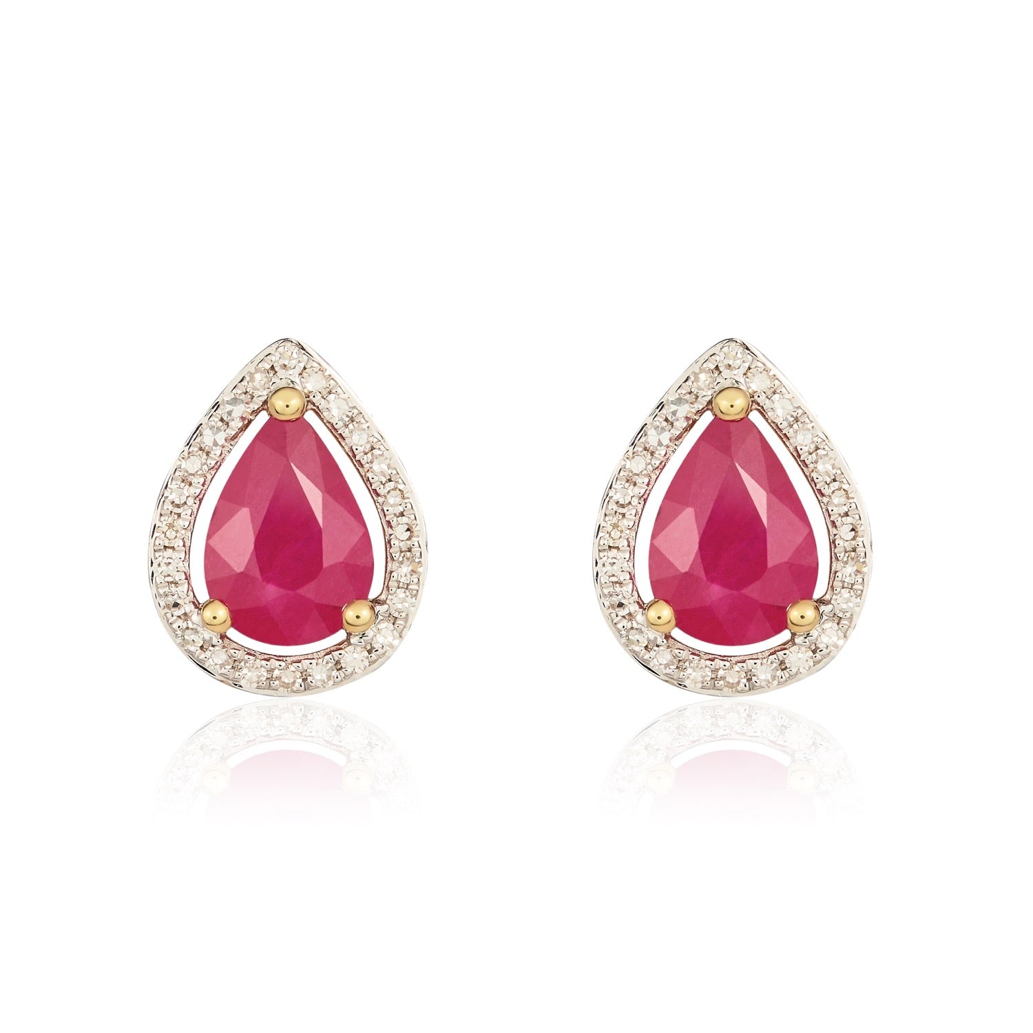 9ct Yellow Gold Pear Shaped Natural Ruby and Diamond Halo Cluster Earrings — 7x5mm