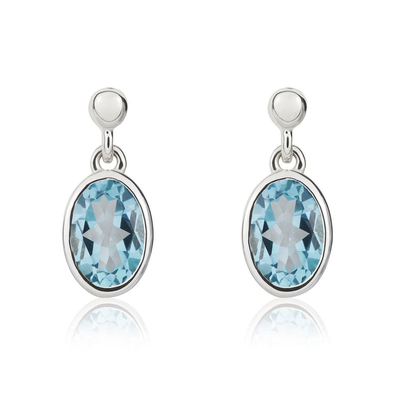 9ct White Gold Oval Natural Swiss Blue Topaz Rubover Drop Earrings — 7x5mm