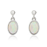 9ct White Gold Oval Natural Opal Rubover Drop Earrings — 7x5mm