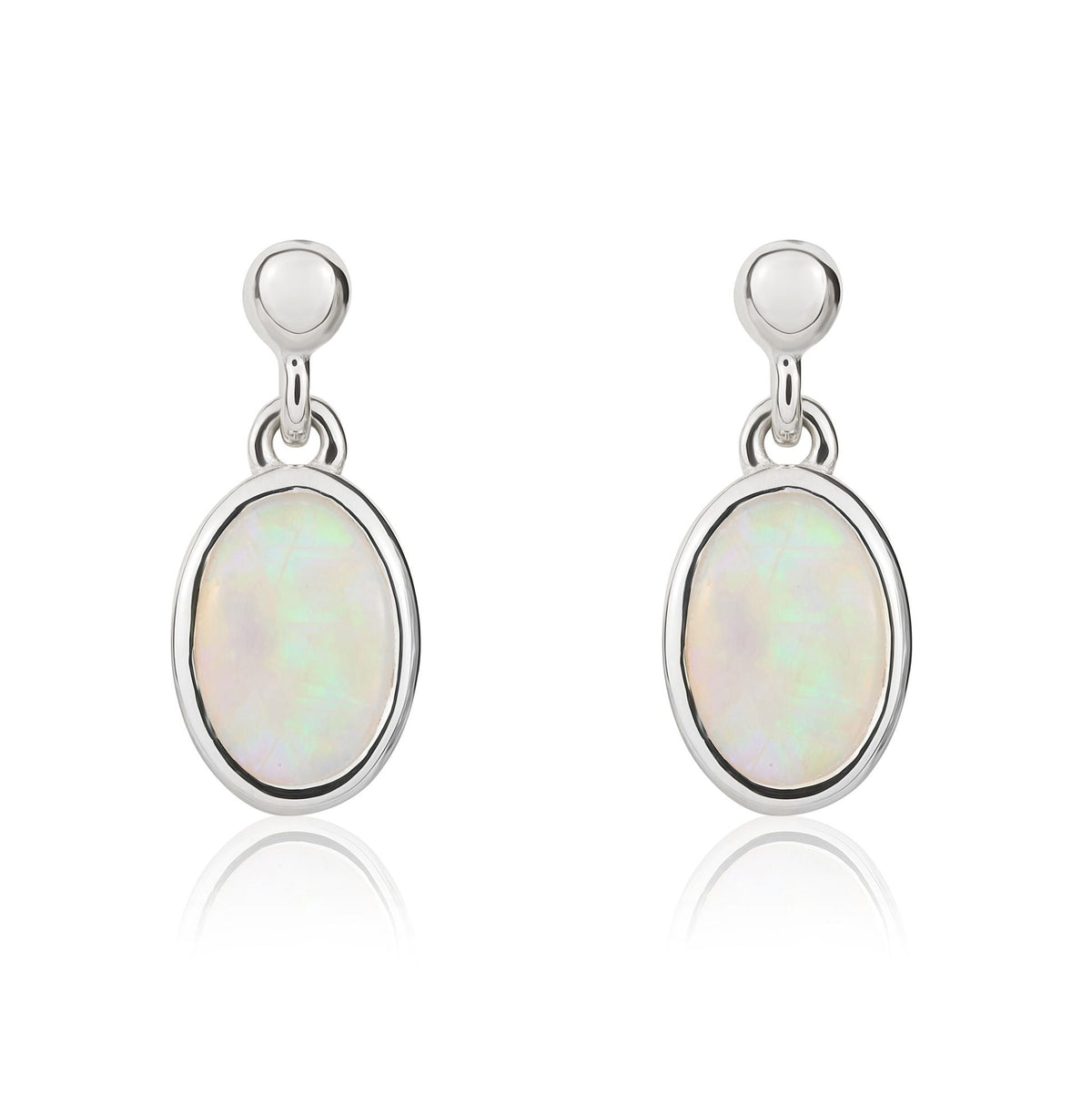 9ct White Gold Oval Natural Opal Rubover Drop Earrings — 7x5mm