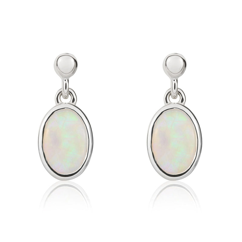 9ct White Gold Oval Natural Opal Rubover Drop Earrings — 7x5mm