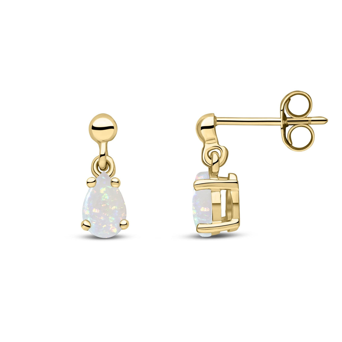 9ct Yellow Gold Pear Shaped Natural Opal Claw Drop Earrings — 6x4mm