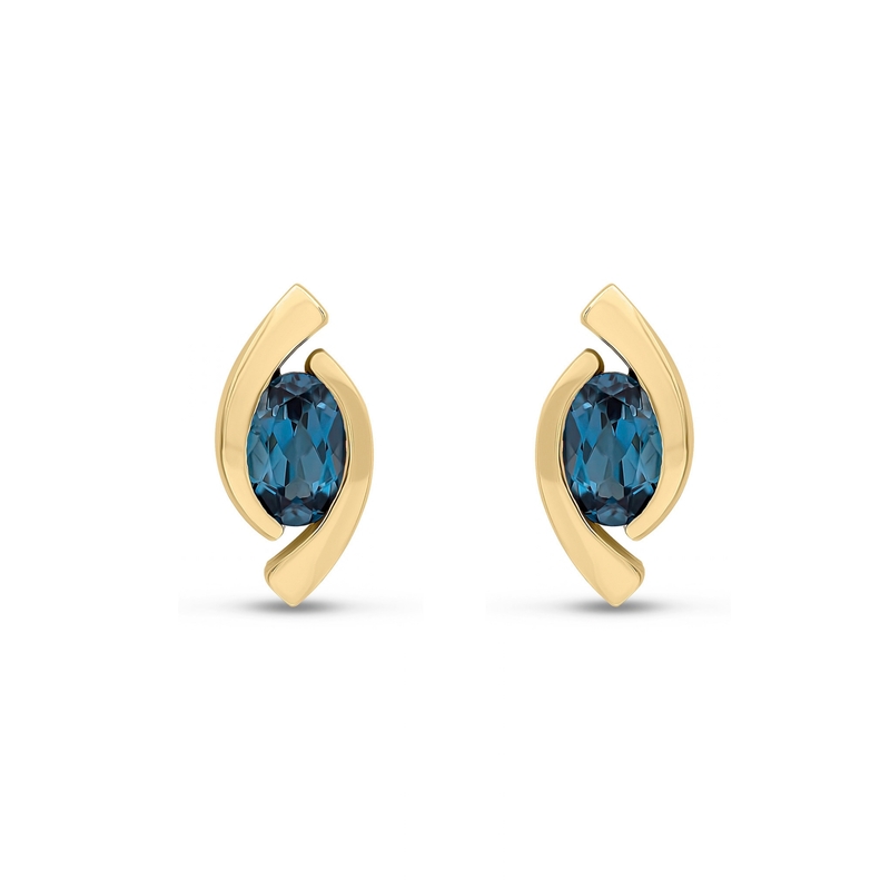 9ct Yellow Gold Oval Natural London Blue Topaz 'Eye' Stud Earrings — 6x4mm