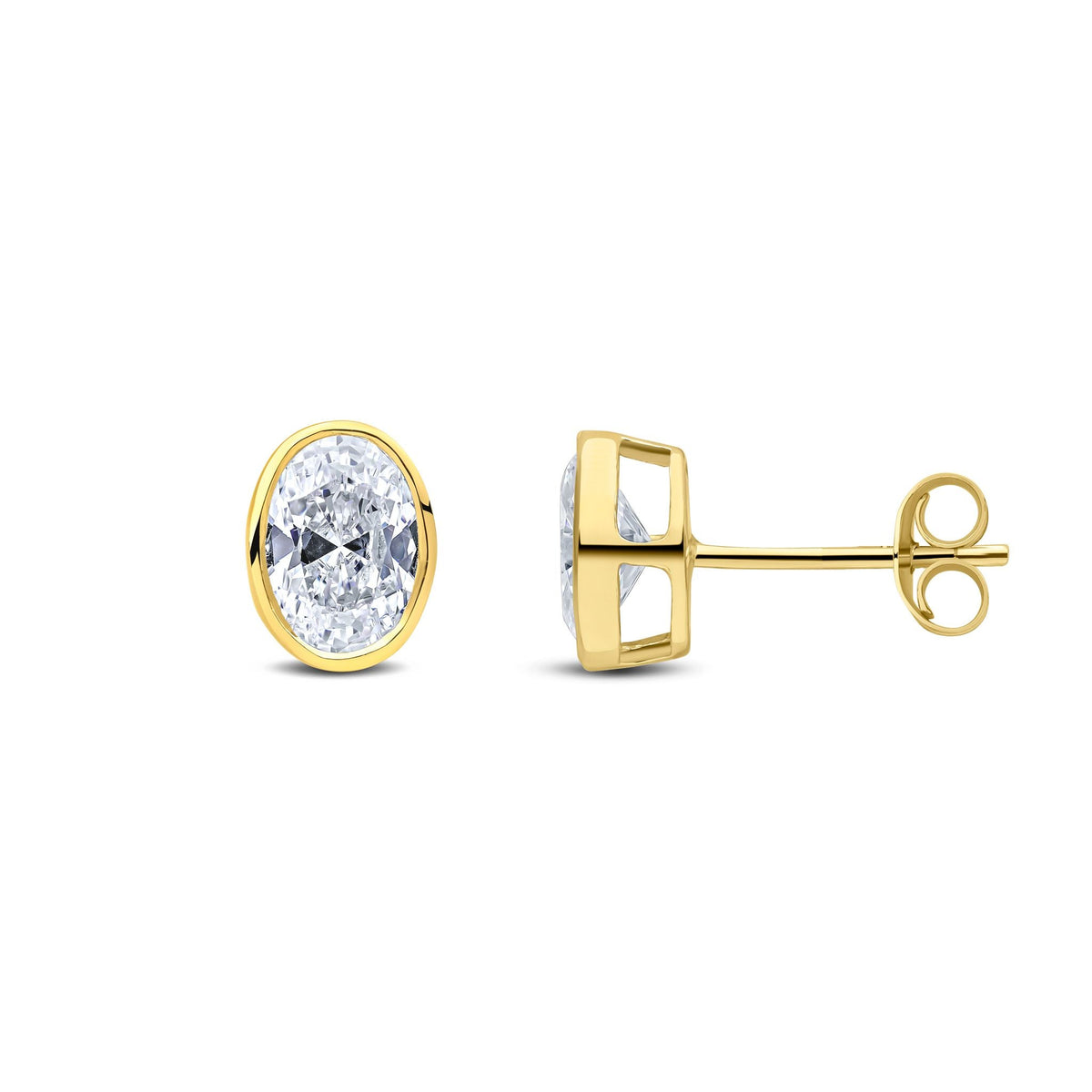 9ct Yellow Gold Oval Cubic Zirconia CZ Rubover Stud Earrings — 7x5mm