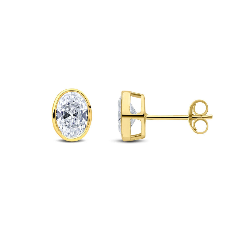 9ct Yellow Gold Oval Cubic Zirconia CZ Rubover Stud Earrings — 7x5mm