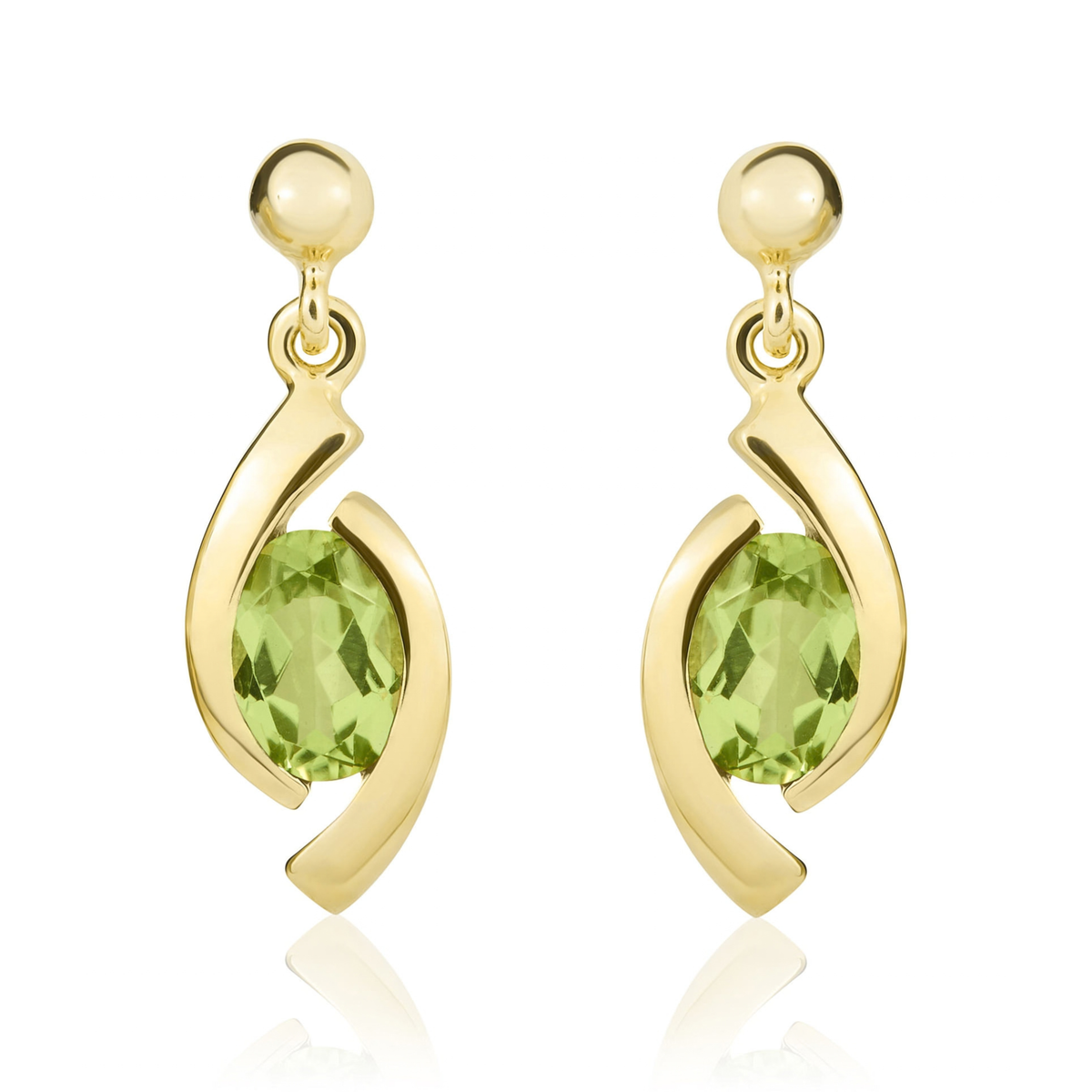 9ct Yellow Gold Oval Natural Peridot 'Eye' Drop Earrings — 6x4mm