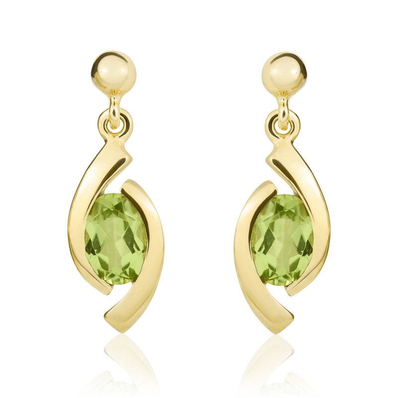 9ct Yellow Gold Oval Natural Peridot 'Eye' Drop Earrings — 6x4mm