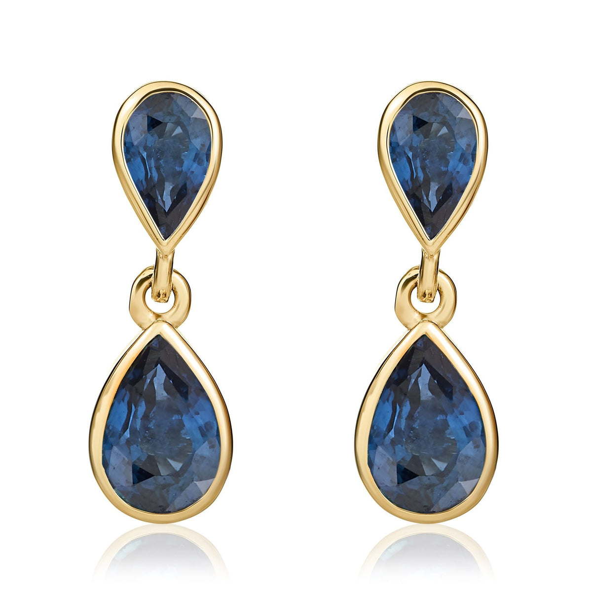 9ct Yellow Gold Pear Shaped Natural Blue Sapphire Two Stone Rubover Drop Earrings